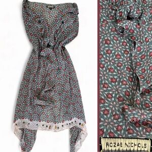 Rozae Nichols VINTAGE 100% Silk Sheer Printed Wrap Dress Beads & Palettes Medium